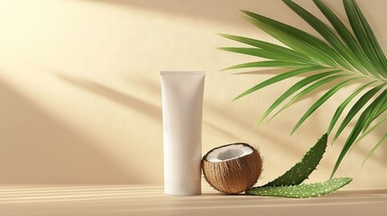 Canvas Print -   A white tube of lotion next to a coconut and a green plant on a beige background with a shadow from the wall