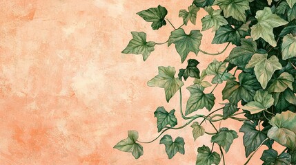 Wall Mural -   A peach-colored background features a plant with vibrant green foliage and a white spot at its center