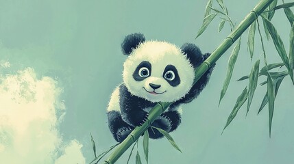 Poster -   Panda bear perched atop bamboo tree, eyes wide open, bamboo branch in foreground