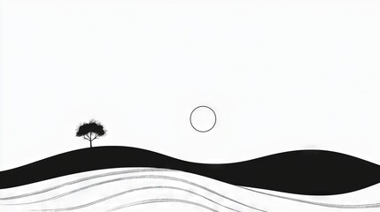 Poster -   A monochrome illustration featuring a solitary tree standing atop a hill within a scenic panorama