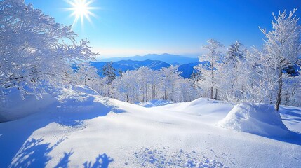 Sticker -   A sunny day in the mountains with snow on the ground and trees in the foreground, a bright blue sky