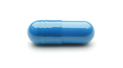 A blue medicine pill tablet rests on a clean white background, Minimalist style