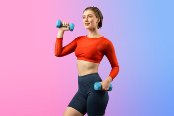 Full body length gaiety shot athletic and sporty woman with dumbbell for weight lifting as bodybuilding exercise in standing posture on isolated background. Healthy active and body care lifestyle