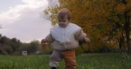 slow motion, little happy boy walking at the autumn park at the nature