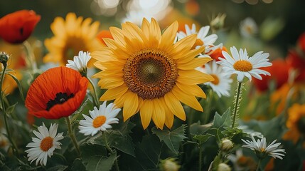 Poster -   Field of sunflowers and wildflowers with diverse colors including red, white, and yellow in the background