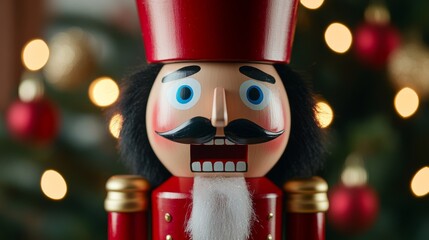 Poster - Close-up of a nutcracker's mechanical mouth opening and closing, set against a backdrop of festive holiday decor with glowing candles and tinsel 