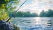 © Wahab - An icon of a fishing rod and reel against a tranquil lake backdrop, celebrating outdoor adventures