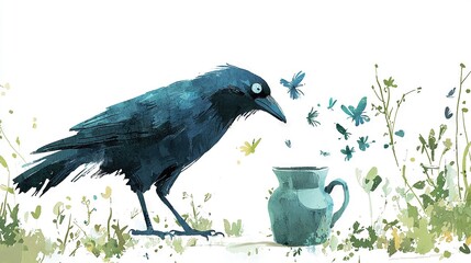 Sticker -   Black bird, coffee cup, vase with butterfly