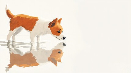 Sticker -   A brown-and-white dog perched atop a lake, reflecting in the water below