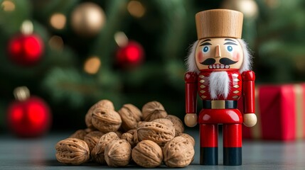 Poster - Nutcracker figure standing next to a pile of walnuts, his wooden jaws wide open and ready to crack the nuts, set against a festive holiday background 