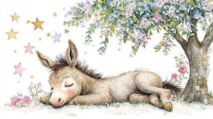 Wall Mural -  Donkey in grass with tree, flowers, and stars on wall