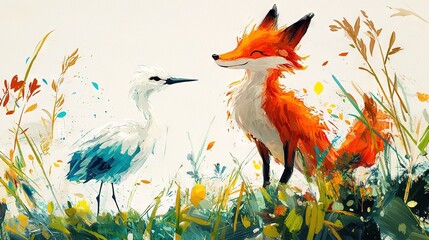 Poster -   A fox and a bird stand amidst tall grass with vibrant yellow and red flowers in the foreground of the painting