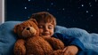 © fotogurme - Sleepy child cuddling a teddy bear under a soft blanket, with a night sky full of stars visible through the window, capturing the essence of World Sleep Day