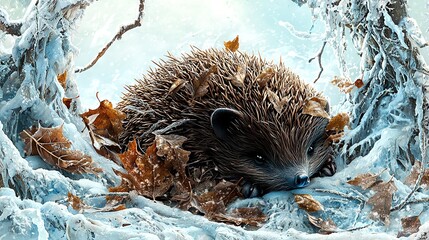 Canvas Print -   A porcupine in snow with leaves on its back and head on branch