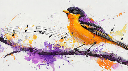 Sticker -   A colorful bird sits on a branch with music notes on its sides and a note in the foreground