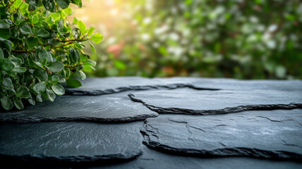 Slate surface with foliage in a tranquil setting