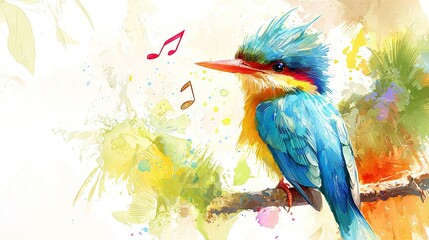 Poster -   A vibrant bird perches on a tree limb, holding a musical note in its beak amidst a backdrop of melodious notes