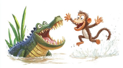 Poster -   A cartoon illustration depicts a crocodile and a monkey locked in combat over the crocodile's head, with both animals' jaws open (36