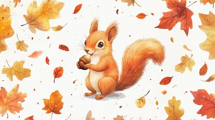 Wall Mural -   A squirrel clutching a nut against an autumnal white backdrop, surrounded by falling leaves