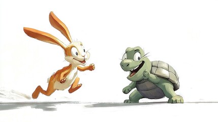 Wall Mural -   A well-drawn rabbit and tortoise running synchronously on a white canvas