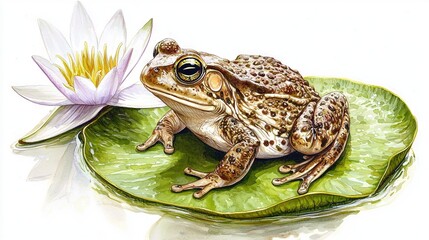 Wall Mural -   A frog perched on a leaf above a waterlily