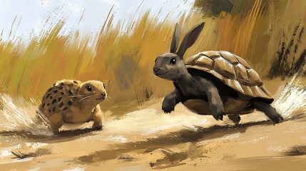 Poster -   A painting depicts a tortoise and hyena sprinting on sand against a backdrop of lush green grass