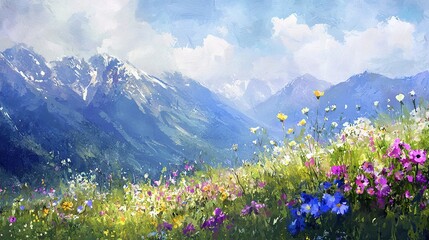 Poster -   Wildflower Field before Mountain Range