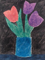 Wall Mural - A striking arrangement of red and purple tulips in a blue vase set against a deep black backdrop, highlighting artistic expression