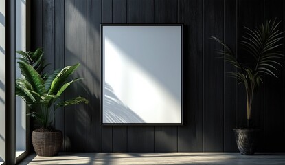 Blank Poster Frame Mockup on Black Tiled Wall, Modern Minimalist Interior with Sunlight, Shadows, and Copy Space for Text Artwork or Design, Business Marketing Template