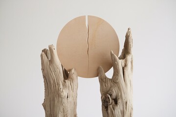 Driftwood Sculpture:  A minimalist art piece featuring two weathered driftwood branches gracefully supporting a split circular wooden disc.  The image evokes a sense of balance, nature.