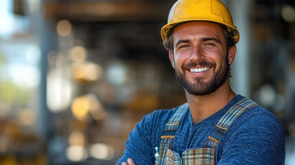 A construction worker wearing a yellow hard hat and blue work attire stands confidently at the construction site, smiling brightly under the sunlight