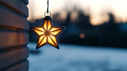 Wall Mural - A decorated Epiphany star lantern glowing softly, hanging by a frosted window, warm light reflecting off the snow outside 