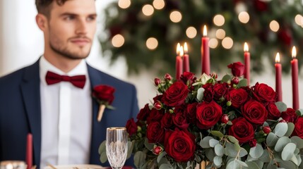 Burgundy wedding decor with deep red roses, gold candles, and elegant table settings, creating a warm, romantic ambiance 