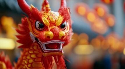 Wall Mural - Dragon dancers performing in a colorful parade, with vibrant costumes, drums, and cymbals filling the streets, celebrating the joy of Chinese New Year 