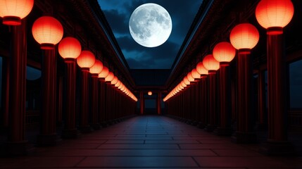 Poster - Full Lunar New Year moon shining above a traditional Chinese temple, with red lanterns swaying in the evening breeze, creating a serene atmosphere 