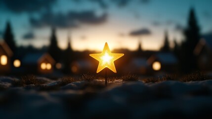 Canvas Print - Golden star shining brightly over a snowy village, symbolizing the Epiphany, with soft light reflecting on rooftops and serene sky above 