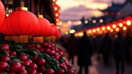 Wall Mural - Lunar New Year market bustling with activity, with stalls selling red lanterns, decorations, and festive foods, celebrating the joy of the holiday 