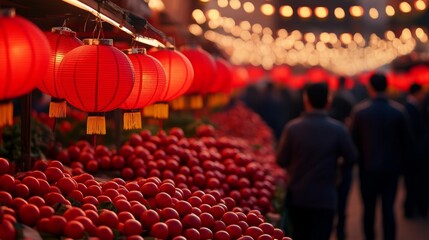 Wall Mural - Lunar New Year market bustling with activity, with stalls selling red lanterns, decorations, and festive foods, celebrating the joy of the holiday 