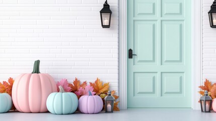 Wall Mural - Pastel pumpkins in soft pink, blue, and lavender shades arranged in front of a mint green door, surrounded by pastel autumn leaves and cozy lanterns 