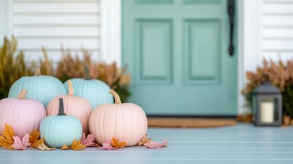 Wall Mural - Pastel pumpkins in soft pink, blue, and lavender shades arranged in front of a mint green door, surrounded by pastel autumn leaves and cozy lanterns 