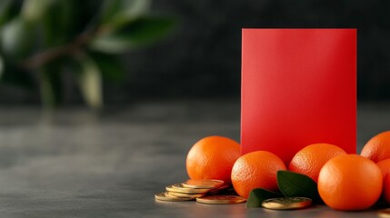 Canvas Print - Red envelopes (hongbao) filled with money, surrounded by gold coins and lucky tangerines, symbolizing prosperity and wealth for the Lunar New Year 