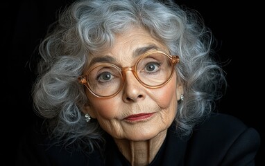 Canvas Print - A woman with glasses and gray hair is looking at the camera. She has a serious expression on her face