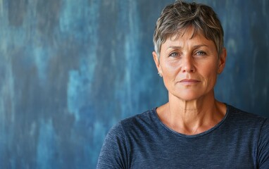 Canvas Print - A woman with short hair and a blue shirt is looking at the camera. She is sad or upset