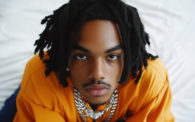 Wall Mural - A man with dreadlocks and a gold shirt is posing for a picture. The man has a serious expression on his face