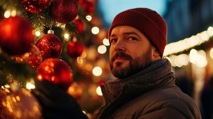 Sticker - Urban shopkeeper arranges festive ornaments under warm string lights creating a cozy holiday atmosphere 