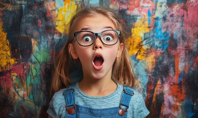 A young girl with glasses is looking surprised