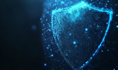 Abstract background with digital shield made of data particles glowing blue blocking against cyber attacks. Concept of cyber security technology