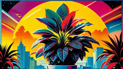 Retro Futuristic Plant with Neon Sunset Background