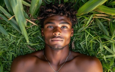 Wall Mural - A man with a shaved head lays on the grass. He is wearing a necklace and has a beard