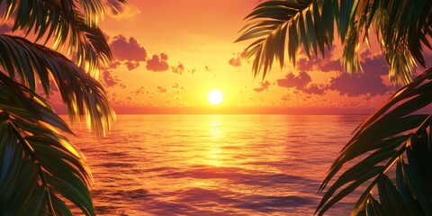 A breathtaking sunset paints the sky with orange hues as the sun descends toward the ocean, surrounded by tropical palm leaves